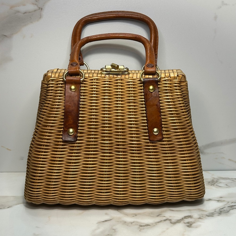 Vintage Simon Styled by Mister Ernest Wicker Handbag Brown Leather Woven Straw